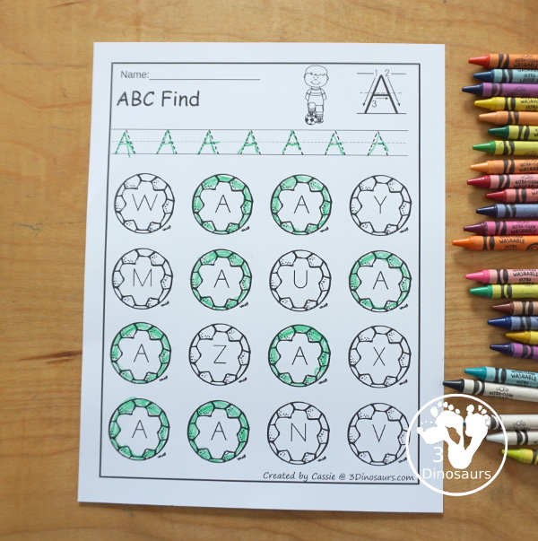 Soccer ABC Letter Find Printable - a fun letter find printable with a fun soccer ball letter find for kids. You can trace the letters and find the letters with uppercase only or lowercase only. - 3Dinosaurs.com