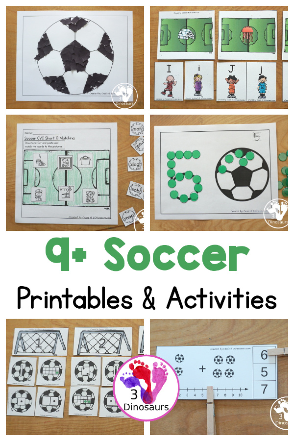 9 + Soccer Printables & Activities - a fun collection of ideas for kids for a soccer theme. You have soccer printable packs, soccer letter printables, soccer number printables, soccer learning to read printables, soccer math printables, and more - 3Dinosaurs.com