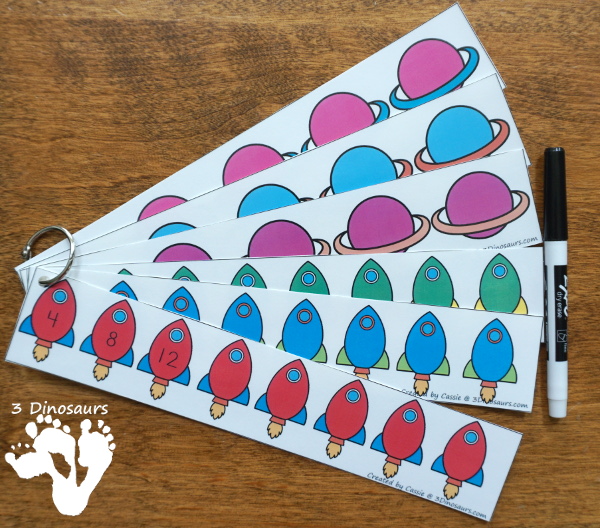 Free Space Theme Skip Counting Strips - 6 strips for each number from 1 to 12 with skip counting forward and backward - 3Dinosaurs.com #skipcounting #freeprintable