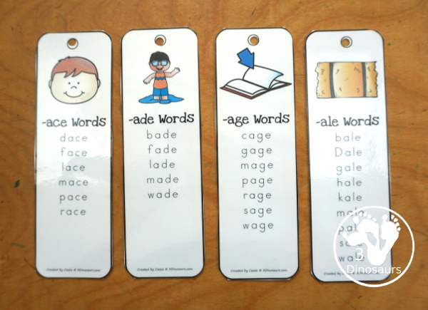 CVCe Word Family Bookmark Printables with 48 word family bookmarks with a picture of the word ending and then a list of the words. See four the bookmarks with their word lists - 3Dinosaurs.com