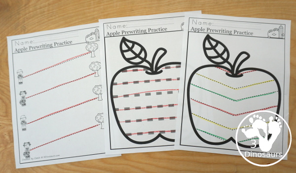 Apple Activity Pack: Prewriting - with prewriting lines in apples, and a no-prep page with kids and apples trees - 3Dinosaurs.com