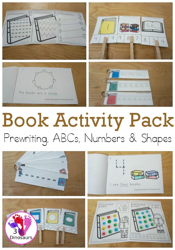 Book Activities Pack: Prewriting, Shapes, ABCs & Numbers | 3 Dinosaurs