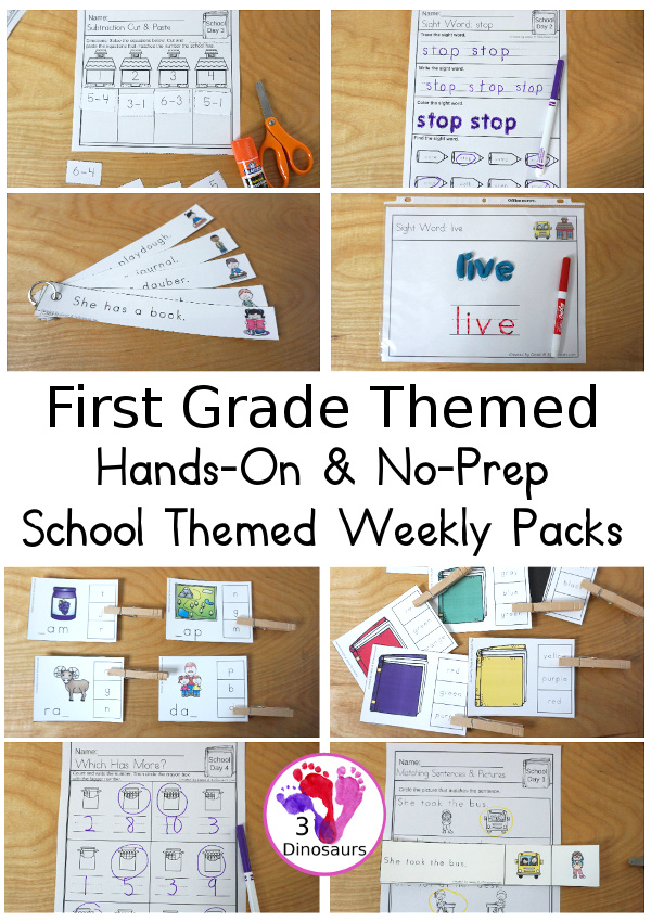 School Themed First Grade No-Prep & Hands-on Weekly Packs | 3 Dinosaurs