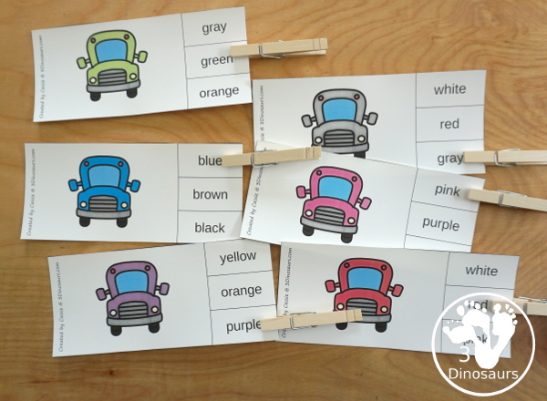 Bus Color Pack - - with 63 pages of printables with color easy reader book, bus color clip cards, bus color tracing strips, bus color writing strips, bus color pocket chart cards, bus color word writing, bus color word puzzles, and more all to work on learning color words. This is a great back to school theme - 3Dinosaurs.com