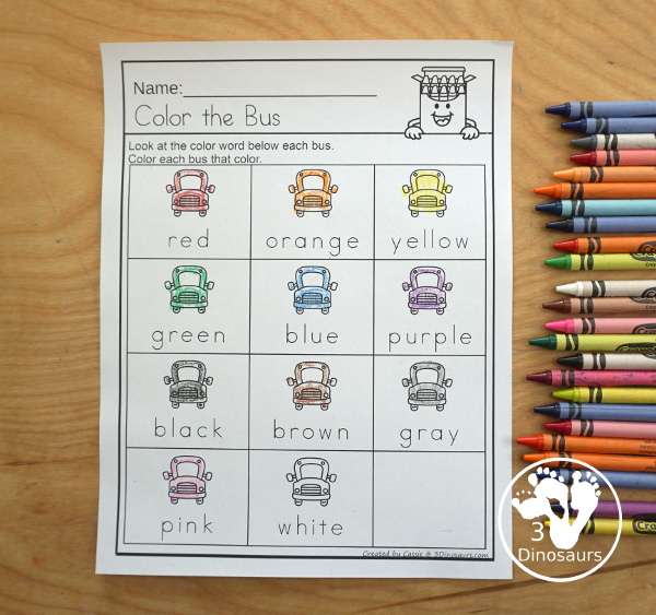 Bus Color Pack for Prek & Kindergarten | 3 Dinosaurs