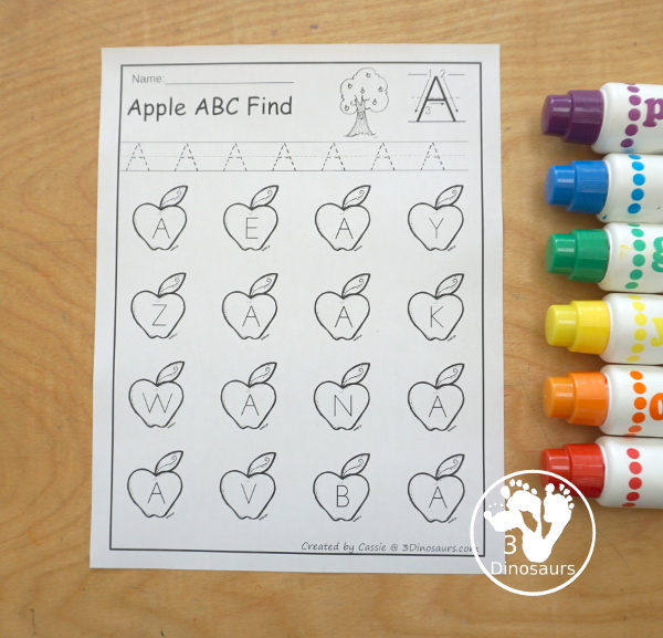 Apple ABC Letter Find Printable for the Alphabet | 3 Dinosaurs