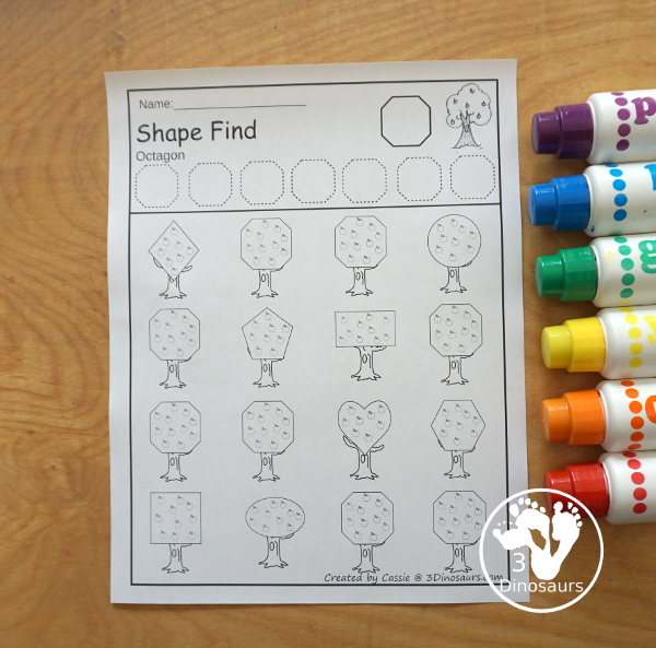 Apple Shape Find Printables – 11 Shapes | 3 Dinosaurs