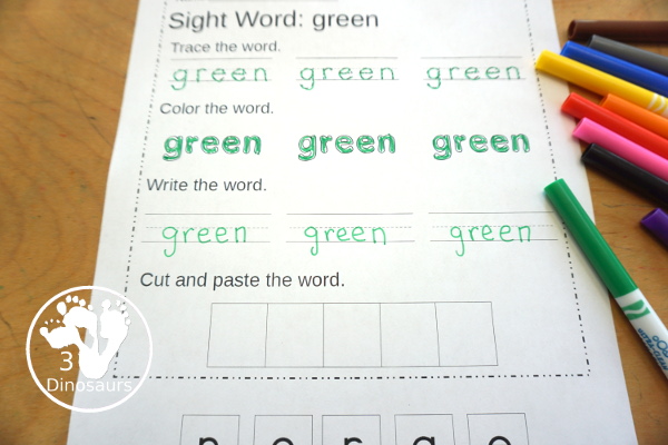 Free Second Grade Sight Word Trace, Color, Write, Cut & Paste | 3 Dinosaurs