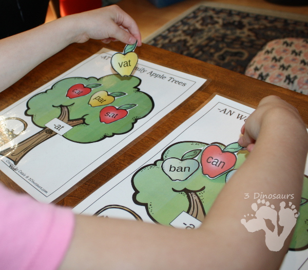 Apple Themed CVC Word Family Activities - wall charts, sorting mats, and writing activities - 3Dinosaurs.com