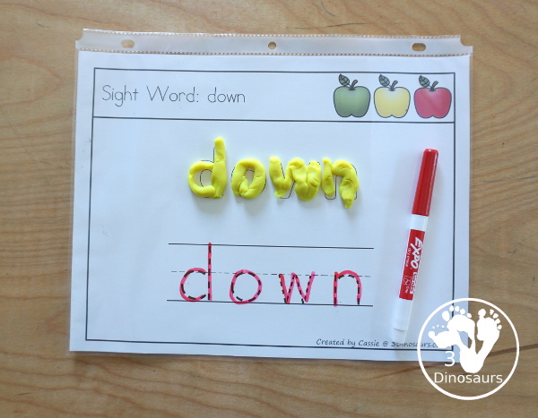 Apple Sight Word Activities: Playdough Mats - with playdough word and tracing of the sight word on one page - loads of fun activities for kids to learn their sight words with a fall apple theme - 3Dinosaurs.com