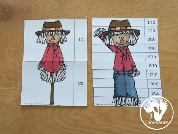 Free Scarecrow Fraction Puzzles - it has 7 fraction puzzles with 2, 3, 4, 5, 6, 8, 10 for the parts for the fractions - 3Dinosaurs.com