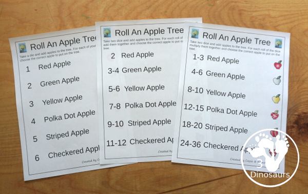 Free Roll an Apple Tree Printable - 3 Levels of learning: counting, addition, and multiplication - rolling math for kids with apple tree theme with apple dice and recording sheet - 3Dinosaurs.com