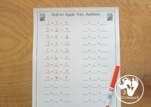 Free Roll an Apple Tree Printable - 3 Levels of learning: counting, addition, and multiplication - rolling math for kids with apple tree theme with apple dice and recording sheet - 3Dinosaurs.com