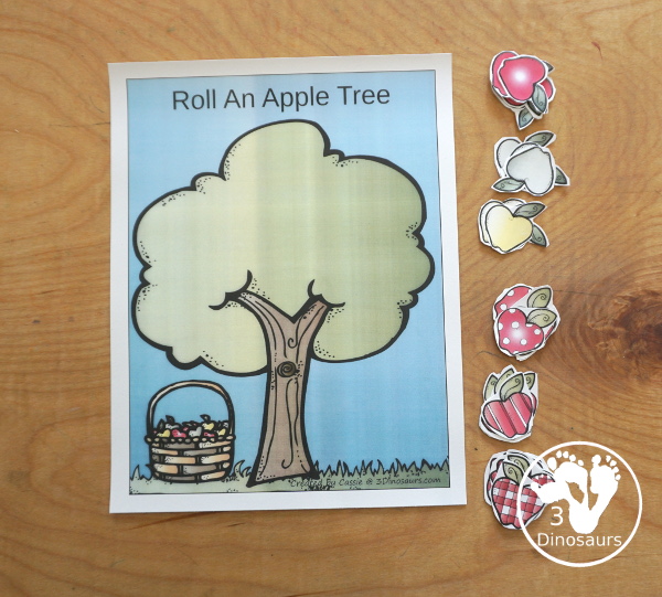 Free Roll an Apple Tree Printable - 3 Levels of learning: counting, addition, and multiplication - rolling math for kids with apple tree theme with apple dice and recording sheet - 3Dinosaurs.com