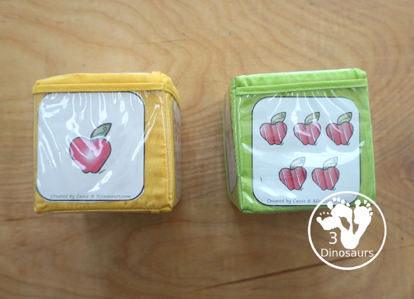 Free Roll an Apple Tree Printable - 3 Levels of learning: counting, addition, and multiplication - rolling math for kids with apple tree theme with apple dice and recording sheet - 3Dinosaurs.com