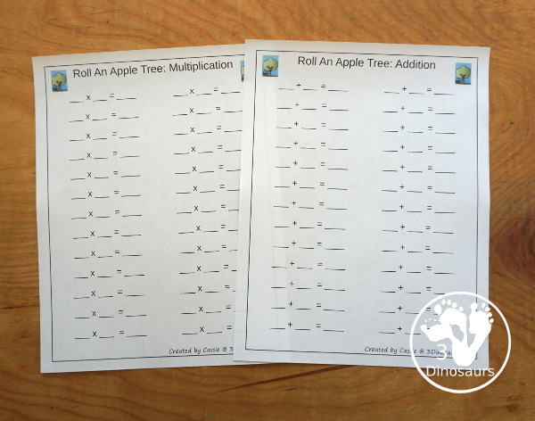 Free Roll an Apple Tree Printable - 3 Levels of learning: counting, addition, and multiplication - rolling math for kids with apple tree theme with apple dice and recording sheet - 3Dinosaurs.com