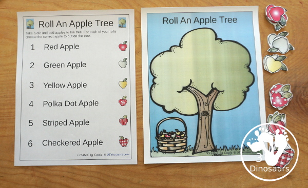 Free Roll an Apple Tree Printable - 3 Levels of learning: counting, addition, and multiplication - rolling math for kids with apple tree theme with apple dice and recording sheet - 3Dinosaurs.com