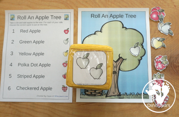 Free Roll an Apple Tree Printable - 3 Levels of learning: counting, addition, and multiplication - rolling math for kids with apple tree theme with apple dice and recording sheet - 3Dinosaurs.com