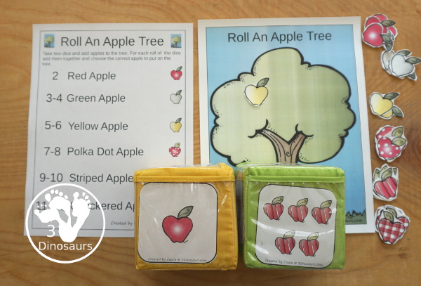 Free Roll an Apple Tree Printable - 3 Levels of learning: counting, addition, and multiplication - rolling math for kids with apple tree theme with apple dice and recording sheet - 3Dinosaurs.com