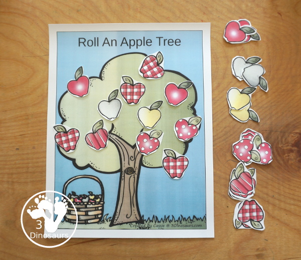 Free Roll an Apple Tree Printable - 3 Levels of learning: counting, addition, and multiplication - rolling math for kids with apple tree theme with apple dice and recording sheet - 3Dinosaurs.com