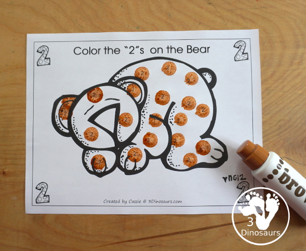 Free Romping and Roaring Number 2 Pack - with number 2 worksheets, number 2 puzzles, number 2 handwriting, number 2 dot marker worksheets and more for PreK and kindergarten age kids with a bear theme. - 3Dinosaurs.com