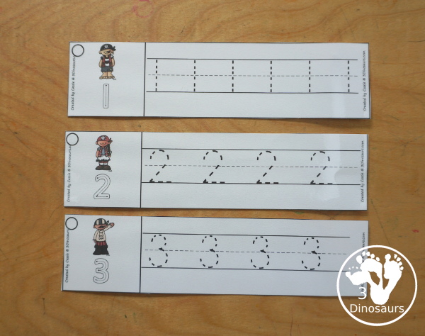 Free Pirate Number Tracing Strips - with numbers 0 to 20. You can tracing the numbers and an example of how to trace the numbers on the strips, plus a pirate on each tracing strip. - 3Dinosaurs.com