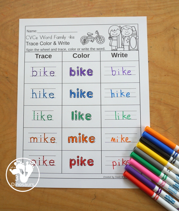 CVCe Word Family: Trace, Color and Write Printable with 34 word family for kids to work on with one word family on each page and a spinner and dice options for the trace, color and write.- 3Dinosaurs.com
