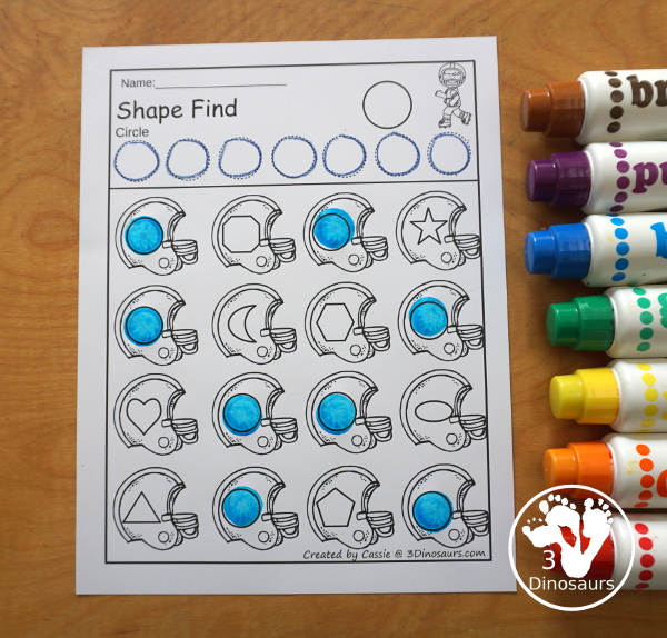 Football Shape Find Printable has 11 shape for kids to work on with shape word and geometric shapes for kids. A great shape printable for kids in preschool, prek and kindergarten. 3Dinosaurs.com
