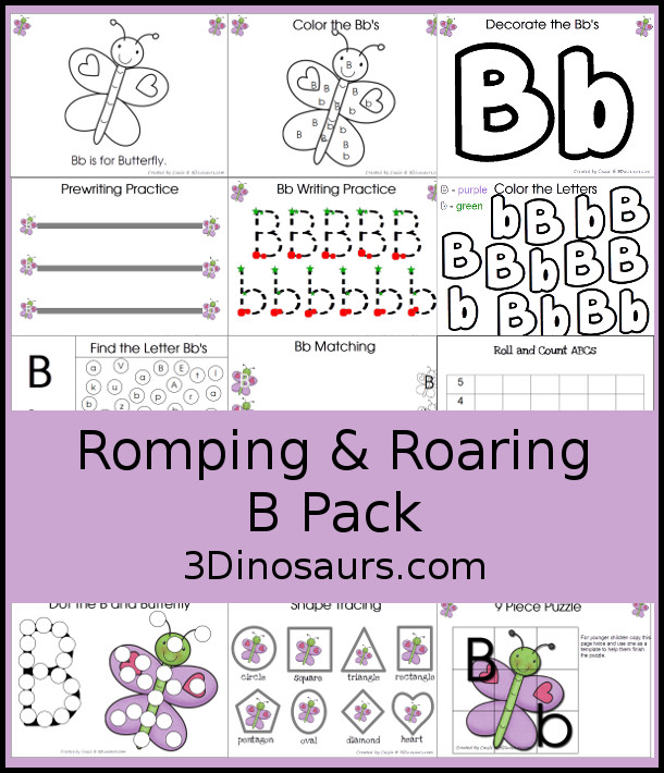 Free Romping & Roaring B Pack: Letter B Is For Butterfly | 3 Dinosaurs