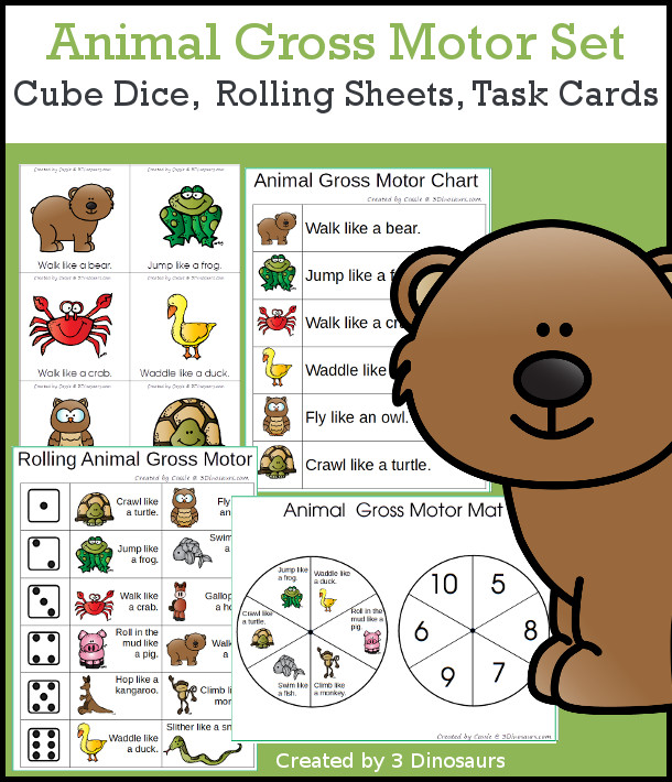 Free Animal Walking Themed Gross Motor Dice - 12 animal movements in 2 dice with 1 movement dice with two options for dice type - 3Dinosaurs.com #grossmotor #freeprintable