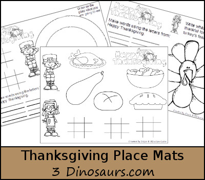 Free Thanksgiving Placemats Printable | 3 Dinosaurs