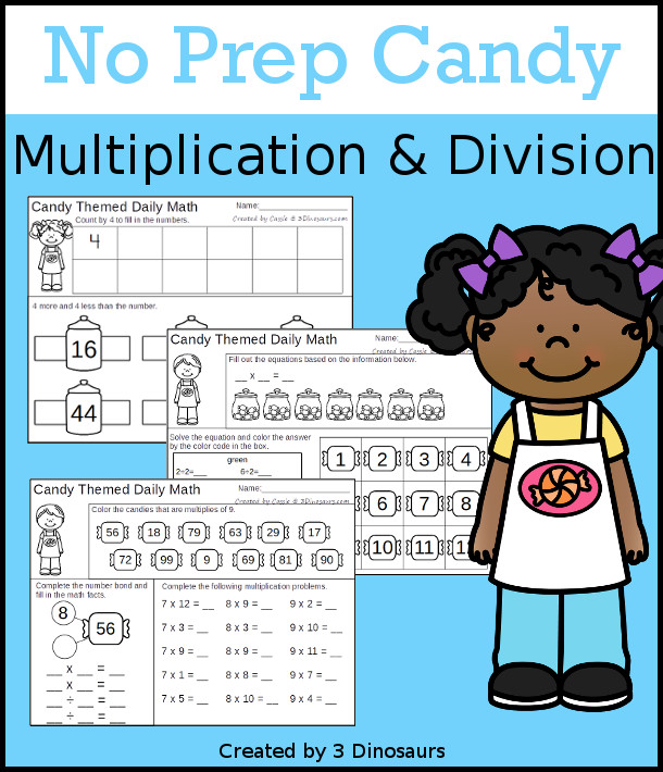 Easy No-Prep Candy Multiplication Color by Answer | 3 Dinosaurs