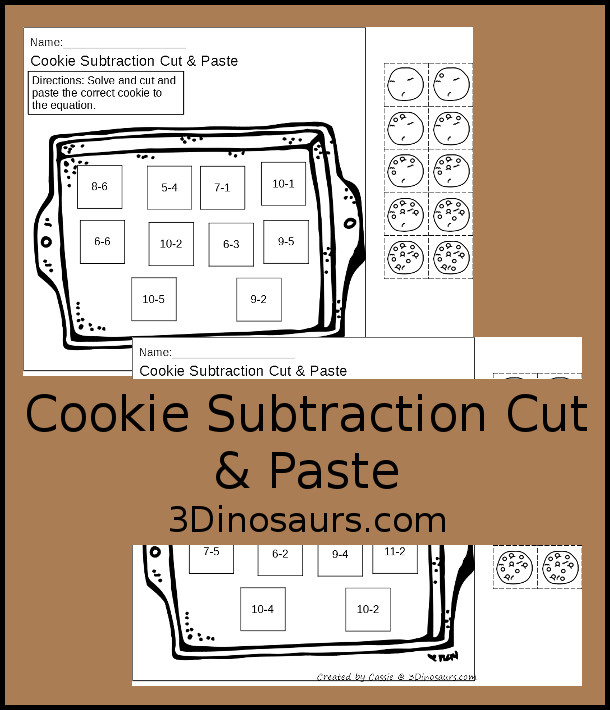 Free Cookie Subtraction Cut And Paste Worksheet 3 Dinosaurs