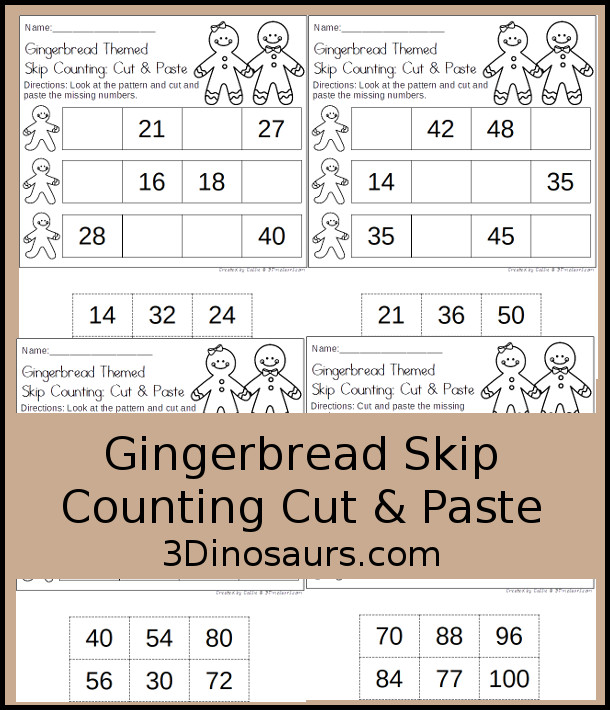 gingerbread themed skip counting cut paste 3 dinosaurs