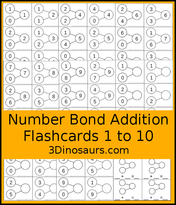 Free Number Bond Addition Flashcard 1 To 10 Printables 3 Dinosaurs 6764