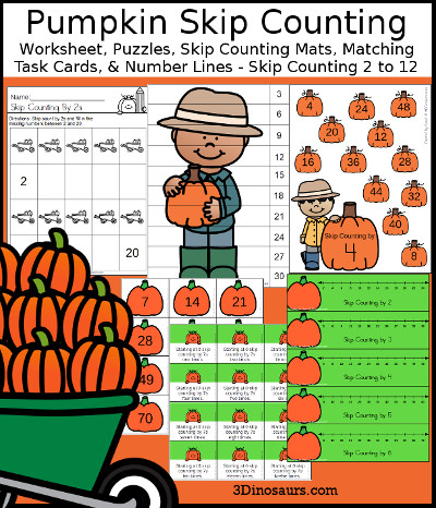 3 Dinosaurs - Pumpkin Skip Counting by 4 Puzzles