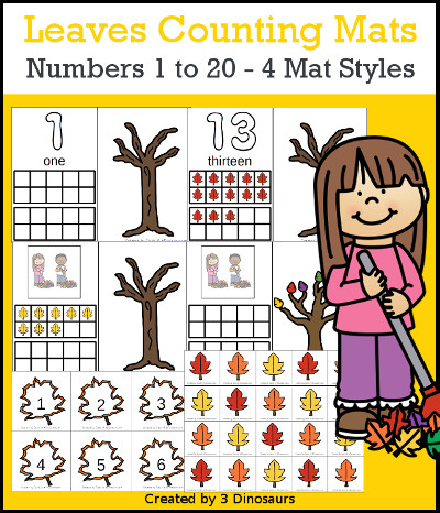 3 Dinosaurs - Leaves Themed Number Counting Mats