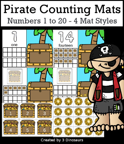 3 Dinosaurs - Pirate Themed Number Counting Mats