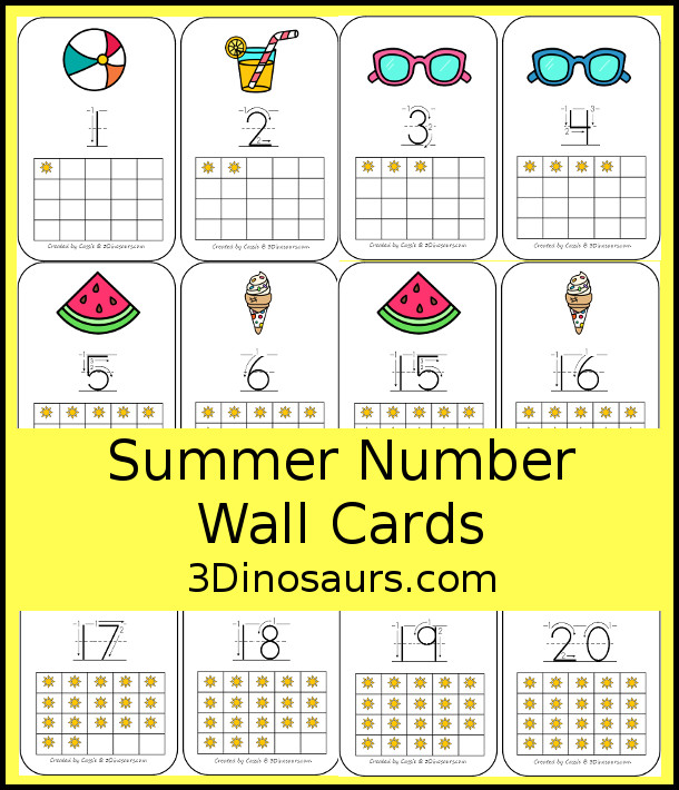 Free Summer Number Wall Cards - numbers 0 to 20 with fun summer pictures and themes with how to write the number and a grid counting up to the number - 3Dinosaurs.com