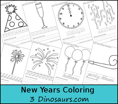 3 Dinosaurs - New Years Coloring Print & Cursive