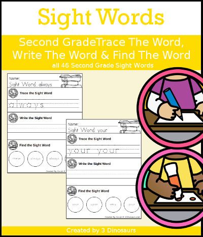 3 Dinosaurs - Sight Word Trace Write & Find Simple