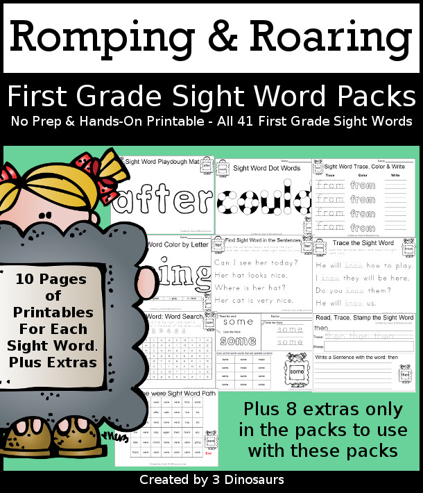 Romping & Roaring First Grade Sight Word Packs - 3Dinosaurs.com